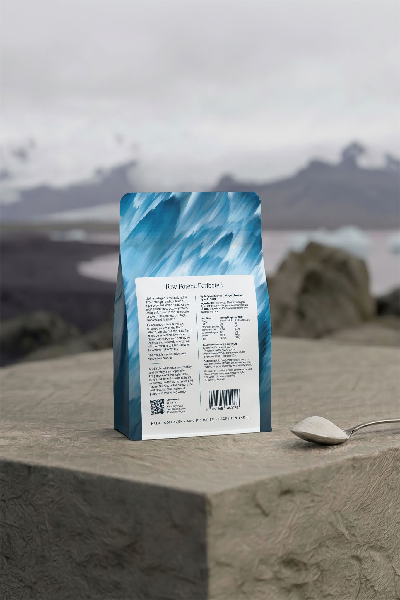 EYLÍN marine collagen back label — nutrition, amino acids, halal certified